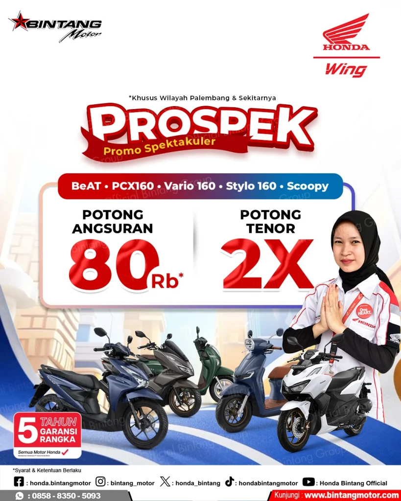 Promo Merdeka Honda 2025 di Bintang Motor Palembang: potongan angsuran Rp80 ribu + potongan tenor 2x untuk motor Honda Beat, Scoopy, Vario 160, Stylo 160, dan PCX160 periode 28–31 Agustus 2025