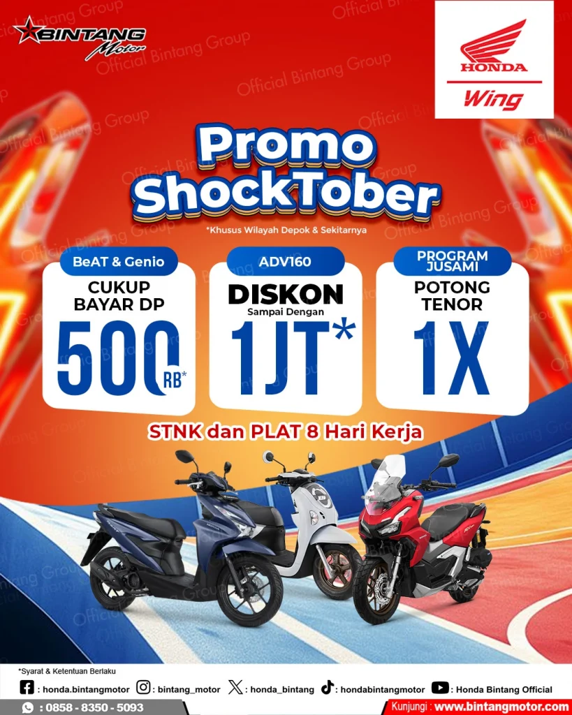 Poster Promo Shocktober Honda Bintang Motor untuk wilayah Depok dan Sekitarnya, menampilkan motor Honda BeAT & Genio (DP 500 Ribu), Honda ADV160 (Diskon sampai dengan 1 Juta), dan Program Jusami Potong Tenor 1X, dengan jaminan STNK dan PLAT 8 Hari Kerja.