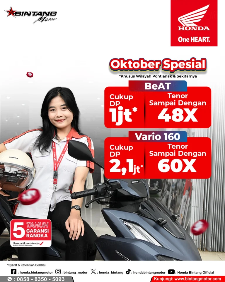 Promo Oktober Spesial DP Motor Honda BeAT dan Vario 160 mulai 1 jutaan khusus wilayah Pontianak dari Bintang Motor