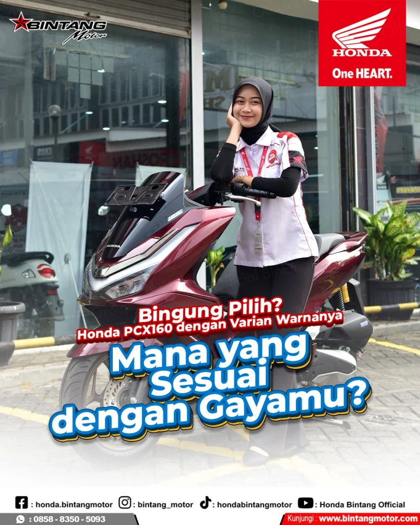 Pegawai Dealer Honda Bintang Motor berpose bersama Honda PCX160 merah dengan teks promosi “Pilih Warna Sesuai Gayamu”.