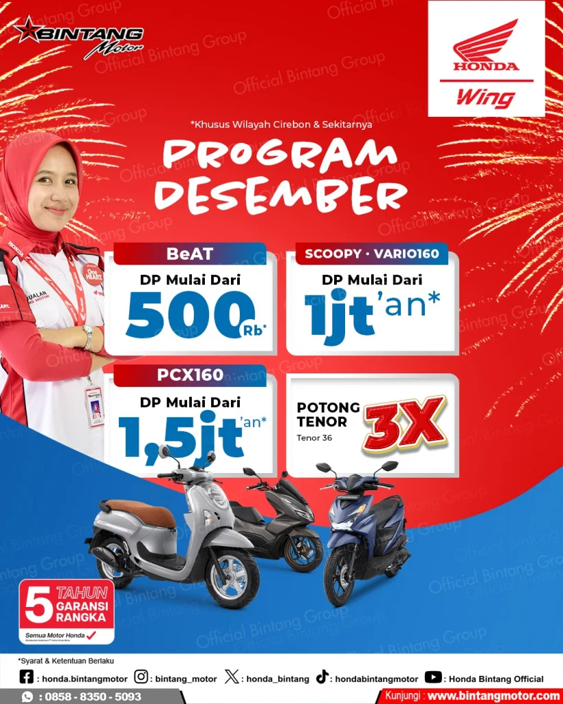 Promo Motor Honda Cirebon Desember dengan DP ringan Beat, Scoopy, Vario 160, dan PCX