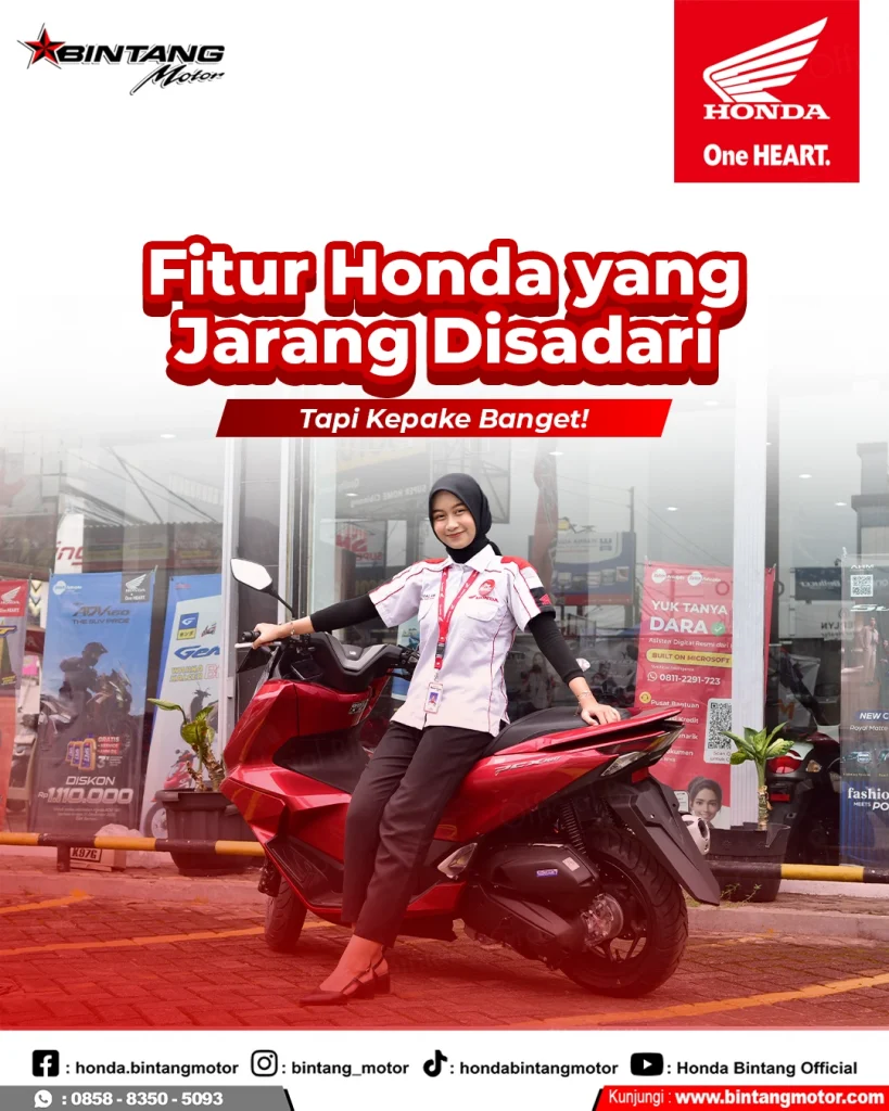 Tampilan fitur praktis pada motor Honda yang mendukung kenyamanan dan keamanan pengendara