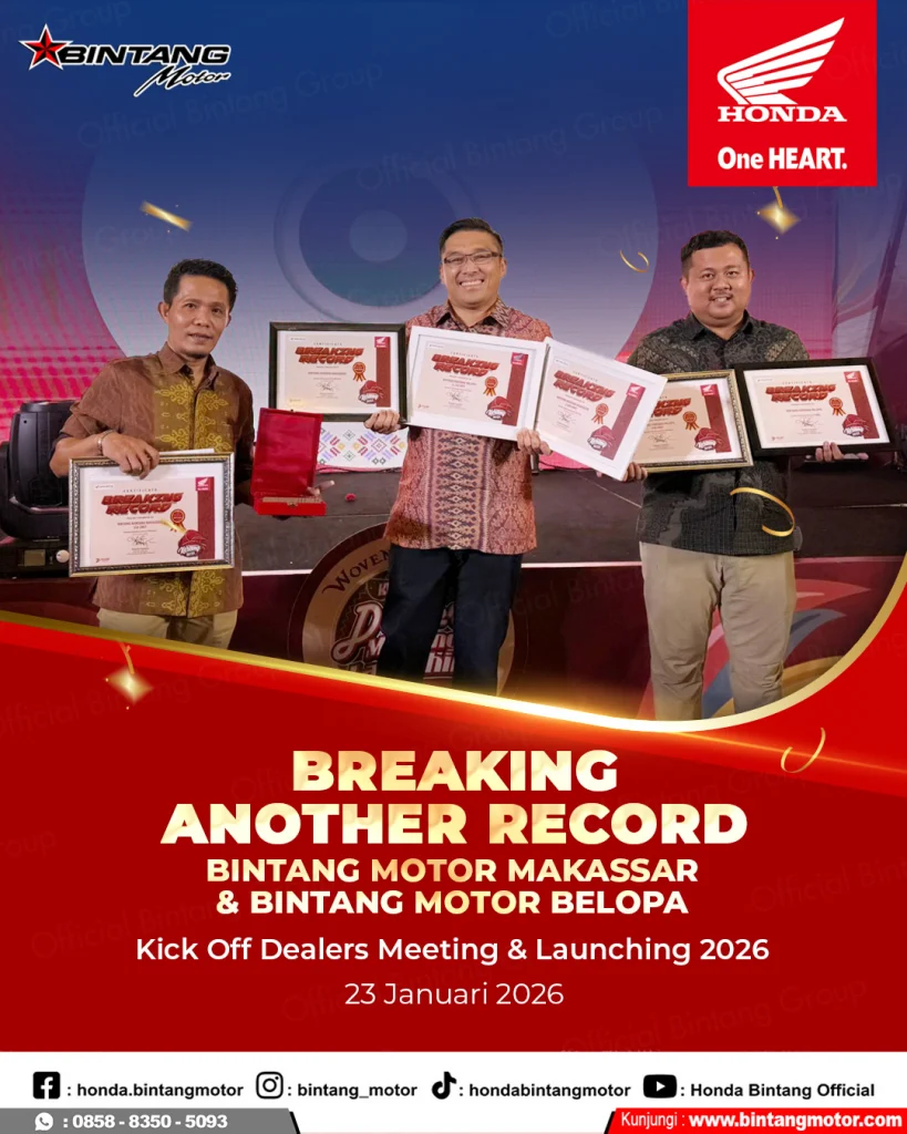 Tim Bintang Motor Makassar dan Belopa menerima penghargaan Breaking Another Record pada Kick Off Dealers Meeting Honda 2026