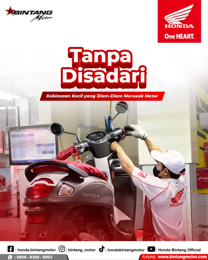 Ilustrasi kebiasaan menahan rem saat gas terbuka yang menyebabkan kerusakan transmisi pada motor Honda.